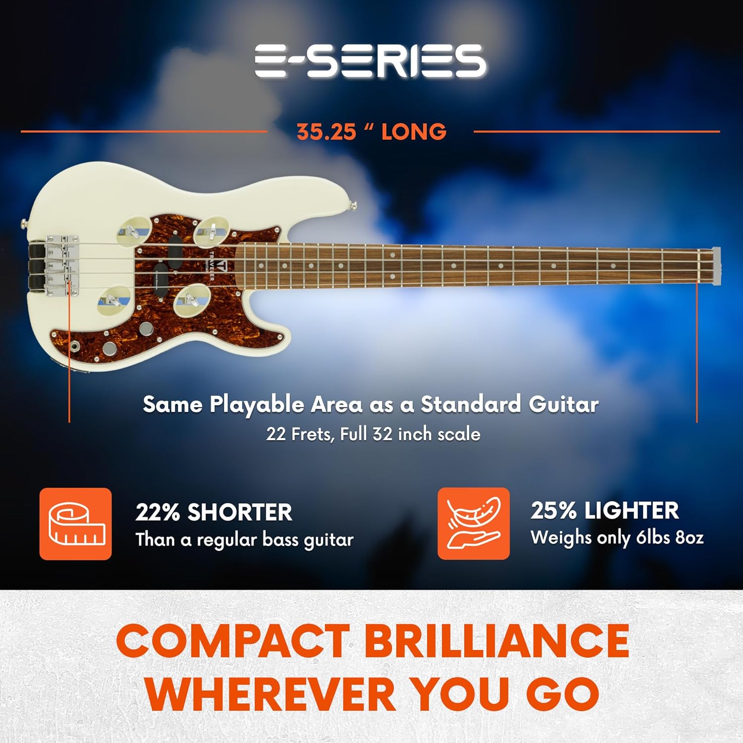 Traveler Guitar TB-4P Pearl White Bass | Travel Guitar with Aux-in | 4 String Bass Guitar with 22 Jumbo Frets | Full 32