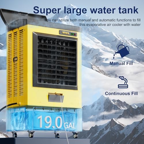 Swamp Cooler,6500 CFM Evaporative Air Cooler,19 Gal Water Tank Outdoor Air Conditioner,3 Speed,Suitable for Indoor & Outdoor Garage,Patio,courtyard,factory workshop,50inch,Yellow
