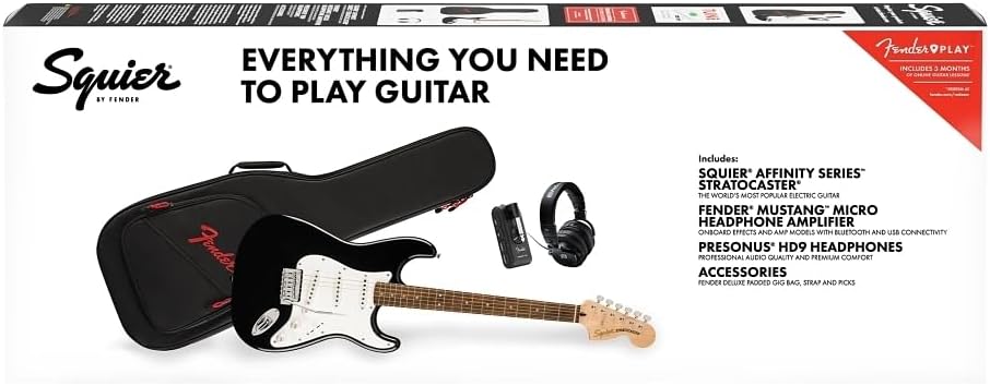 Fender Affinity Series Stratocaster Mustang Micro Pack, Laurel Fingerboard, Black, Gig Bag, HD9, US, CA, EU, AU, JP
