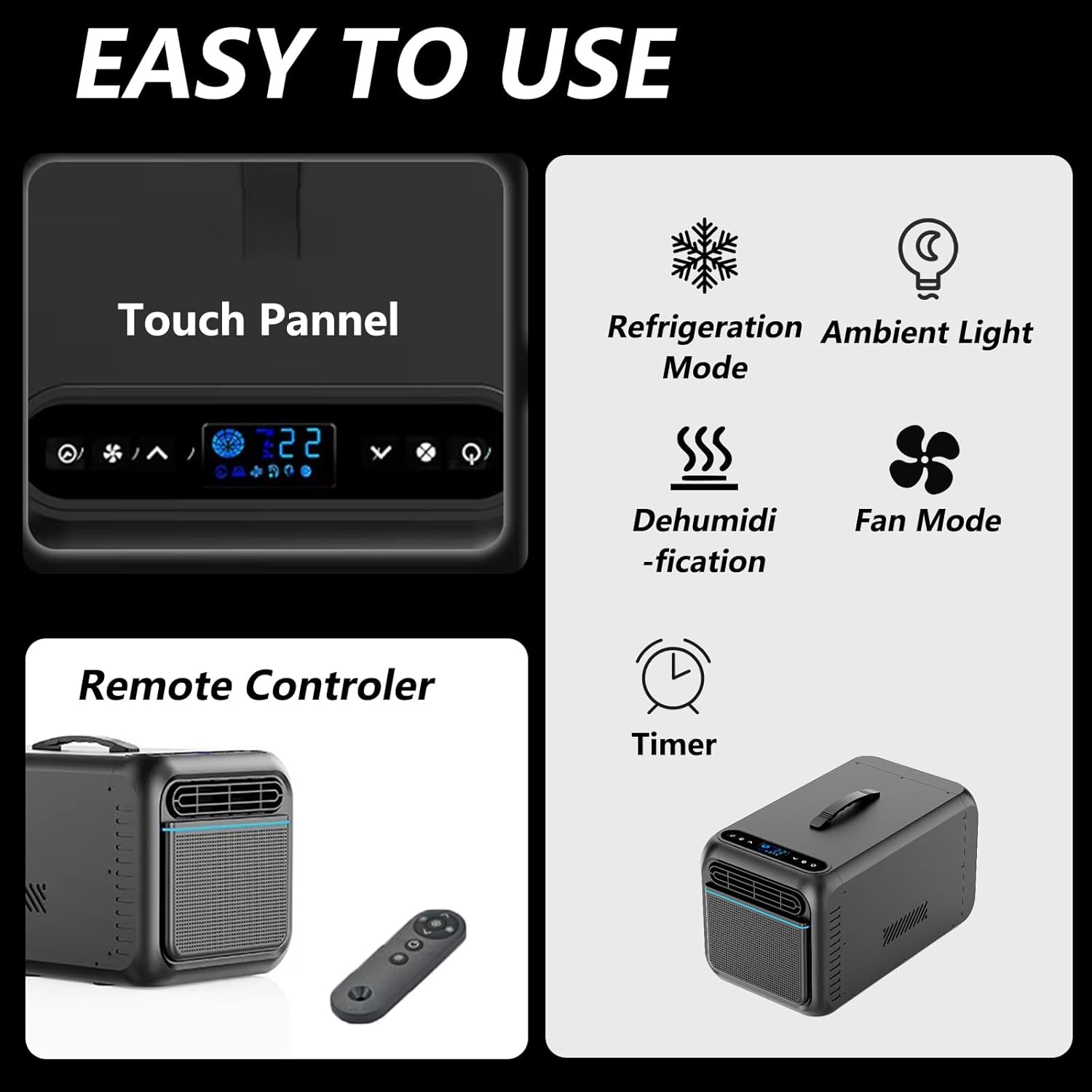 Portable Air Conditioner for Tent with Fast Cooling Timer, 2300BTUs Air Conditioner AC Adjustable Speed for Camping, Outdoor Use, Small Rooms, Trucks, RV (Black)