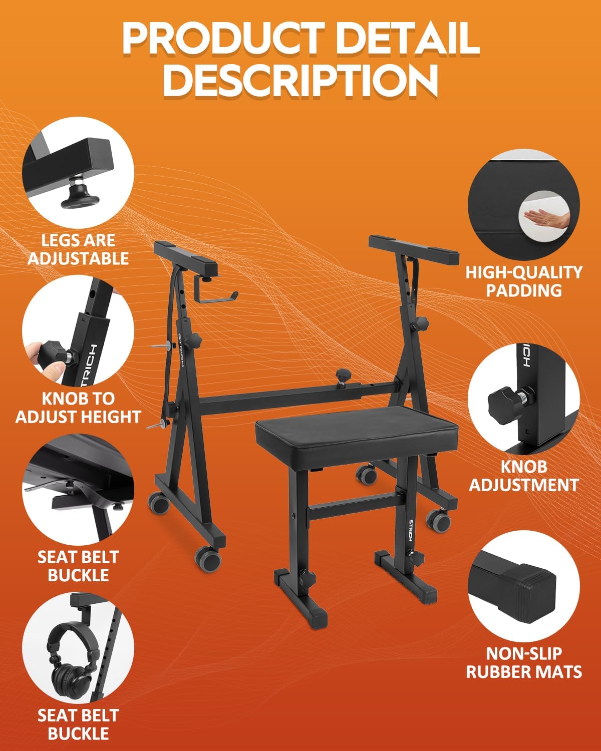 STRICH Piano Keyboard Stand Stool Set, Portable Heavy Duty Stand for 54-88 Key Electric Digital Pianos & Adjustable Piano Bench, Chair, Black, SKT-02 & SPB-M50