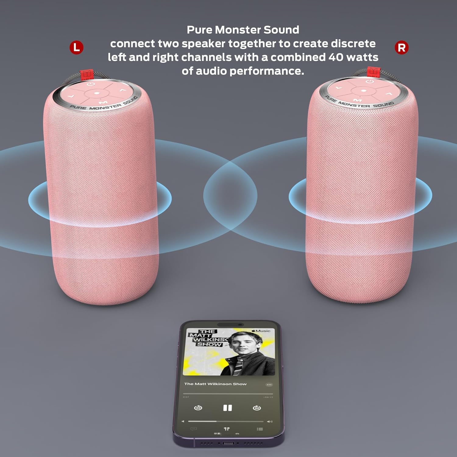 Monster S310 Upgraded Bluetooth Speaker, 30W Portable Speaker, 360° Stereo Sound with Punchy bass, TWS Pairing, IPX6 Waterproof, Bluetooth 5.2, 24H Playtime, Perfect for Home, Outdoor, Beach, Pink