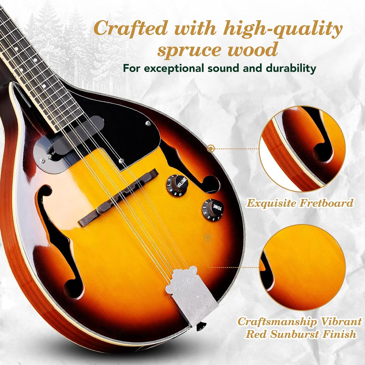 Mandolin Musical Instrument A Style Acoustic Electric, 8 Strings Mahogany for Beginner Adults Teens
