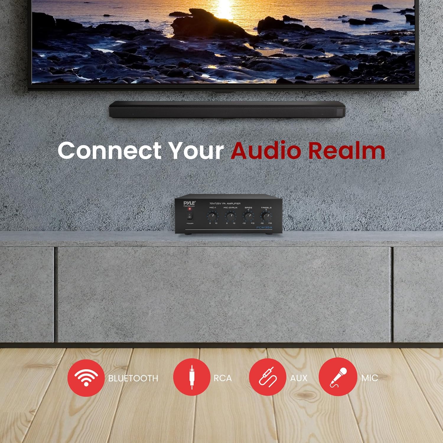 Pyle Compact Mini Home Power Amplifier - 60W Public Address System w/ RCA, 2 Microphone IN, 25/70 Volt Outputs, LED, Input Selector, Mic Talkover, Telephony, Music On Hold - PCM30A