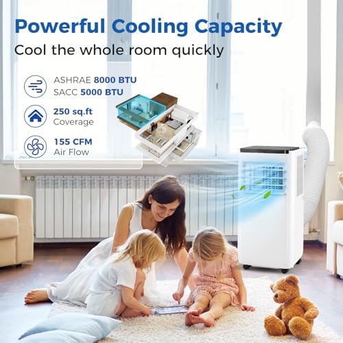 KOTEK Portable Air Conditioners, Cools up to 250 Sq.Ft, 4-in-1 AC Unit for Bedroom with Auto Mode, Dehumidifier, Child Lock & Installation Kit, Room Air Conditioner Portable for Home Office (8000BTU)