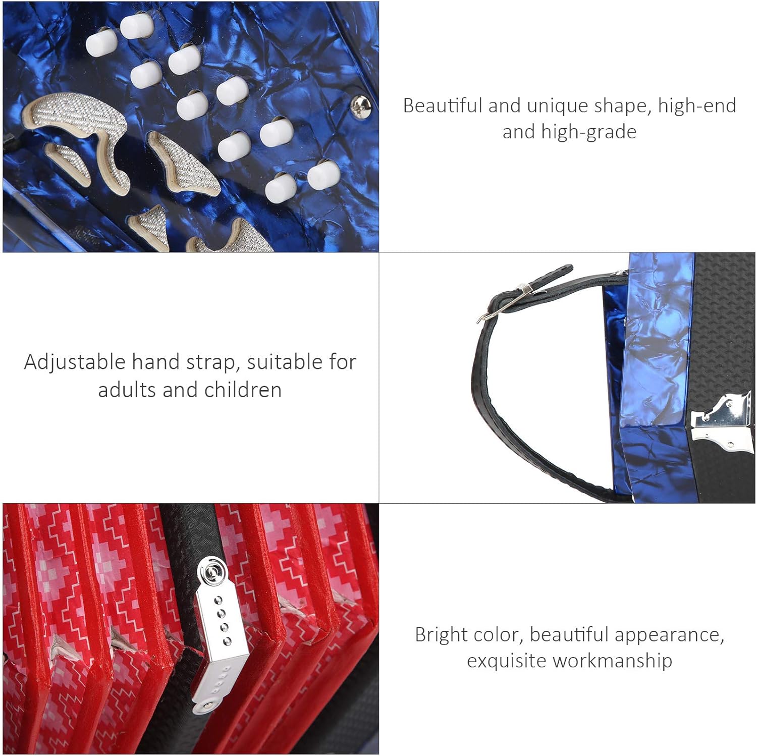 Concertina Accordion, Portable Professional Musical Instrument, Solid Wood Leather Celluloid, 18 x 17 x 17cm, 3 Colors - Adjustable Hand Strap, Beginner Friendly, Ideal for Adult (Jewel Blue)