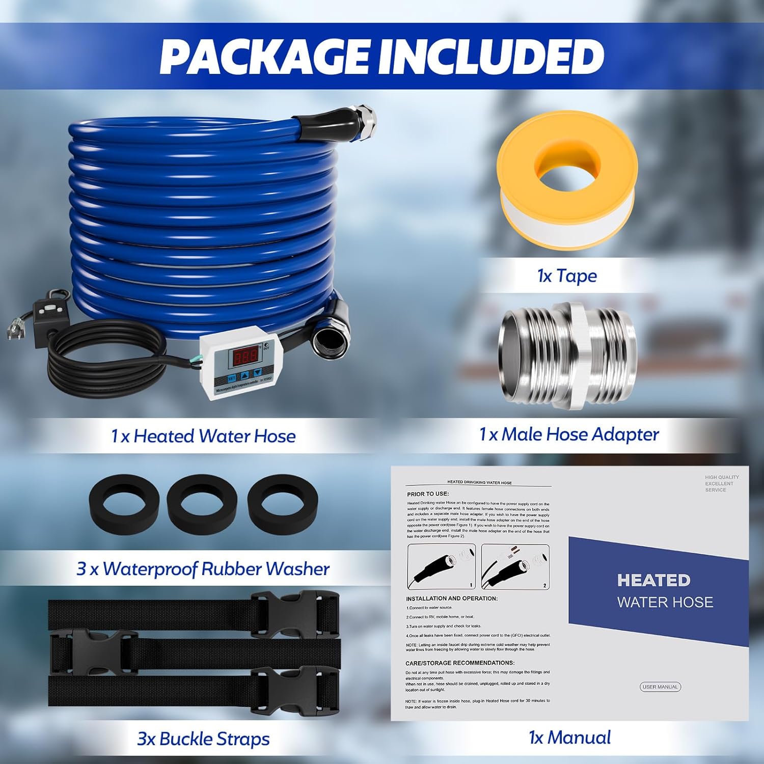 50 FT Heated Water Hose for RV, Heated RV Freshwater Hoses with Fittings, -45 ℉ Antifreeze Drinking Water Pipe, Automatic temperature shut-off for electrically heated Garden hoses, RV Accessories