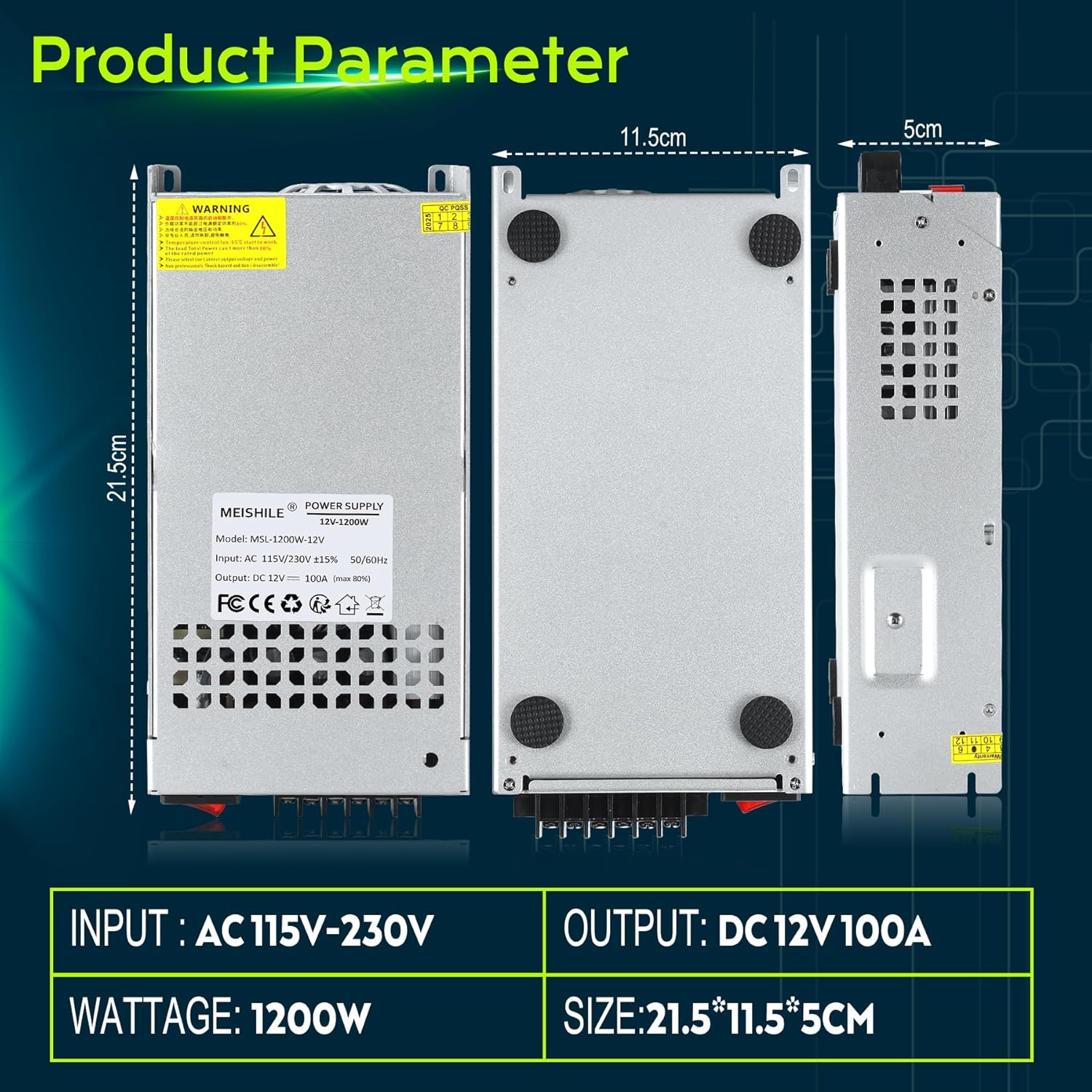 MEISHILE 12V 100A 1200W Switching Power Supply Adapter AC to DC Transformer Converter for LED Driver Strip Light Lamp, Amplifier, Machine, 120V 110V to 12Volt 20A 40A 60A 80A