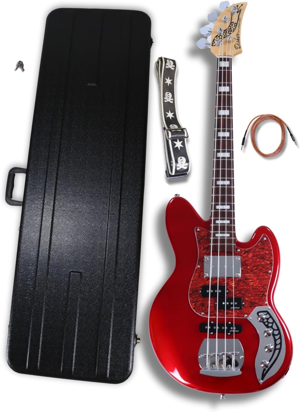 Disher Rattlesnake Bass Guitar (with Disher hard case, Disher seatbelt/leather guitar strap & 10 ft braided guitar cable) (3 Colors) (Metallic Cherry Red)