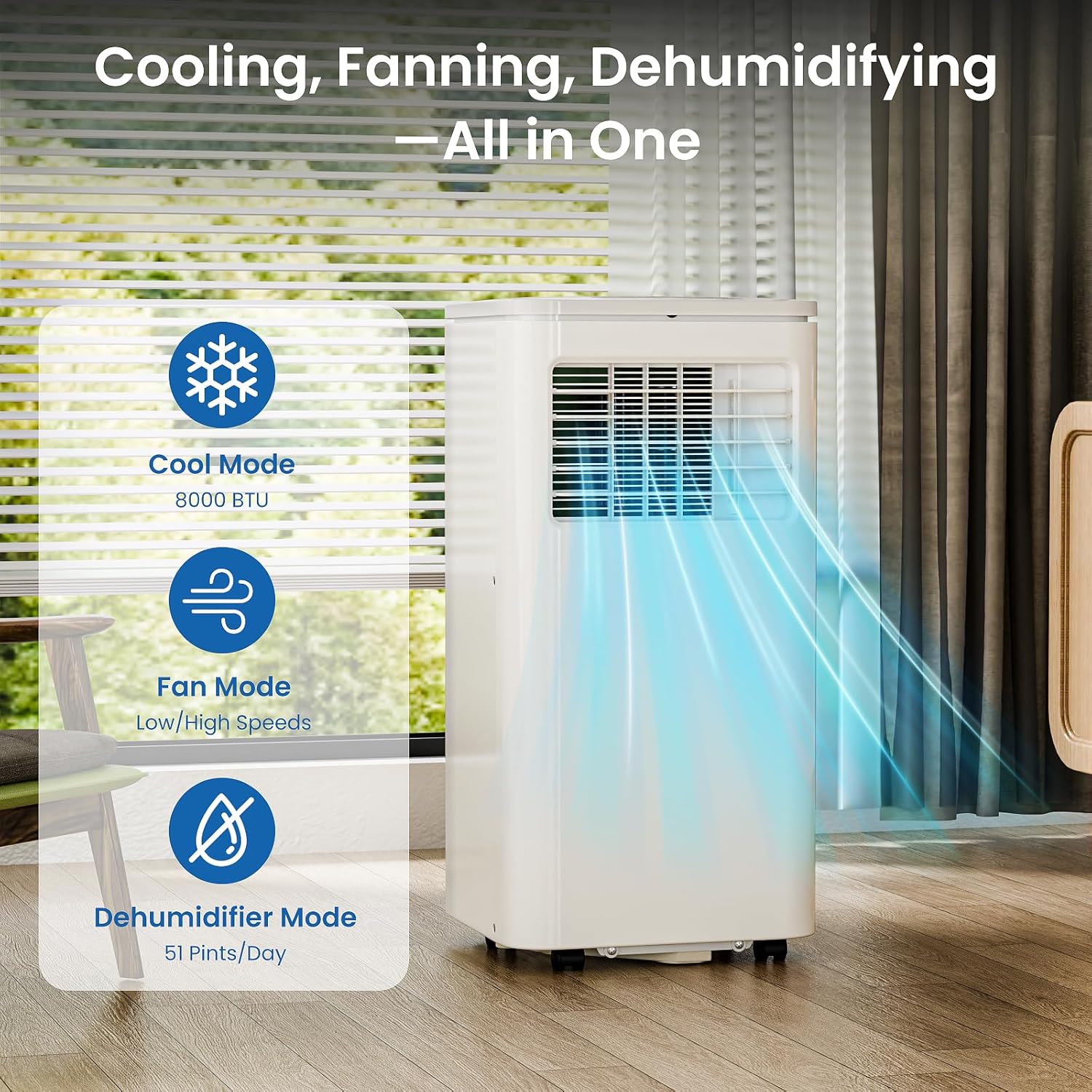 3-in-1 Portable AC Units Cools 350 Sq.Ft.,8000BTU Portable Air Conditioners Coolerwith Remote Control 24H Timer Sleep Mode,AC Unit for Indoor Use Bedroom Dorm