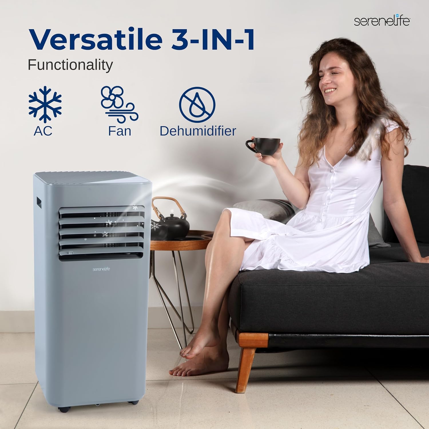 SereneLife Portable AC 8000 BTU, 3-in-1 Cooling, Dehumidifier And Fan Modes, Compact Standing Air Conditioner, Energy Efficient 300 Sq. Ft. Climate Control, Universal Castors And Window Mount Kit