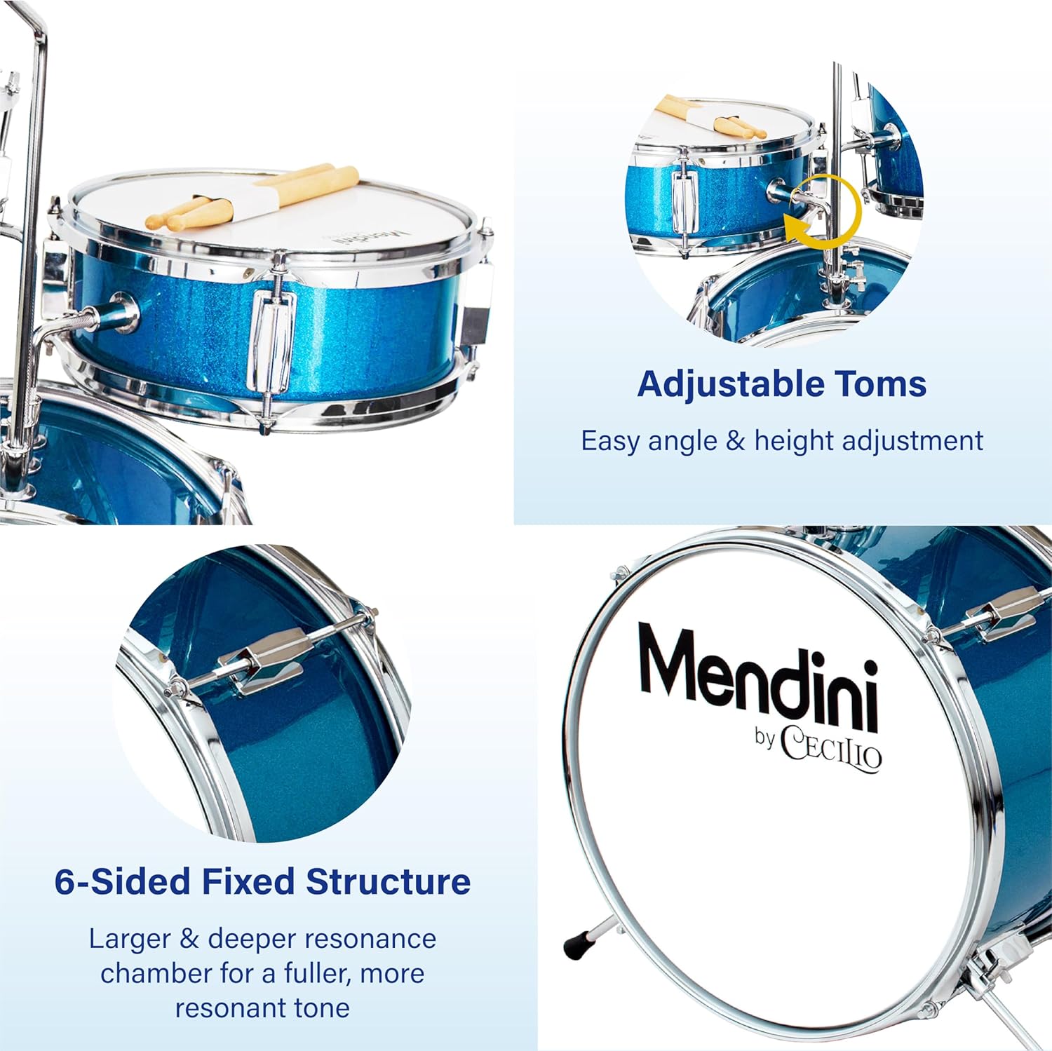 Mendini By Cecilio Drum Set, 3 Piece Junior Drum Set for Beginners with Bass Tom Snare Drum, 13 inch Drum Kit with Snare, Cymbal, Drumsticks, Adjustable Seat (Sky Blue)