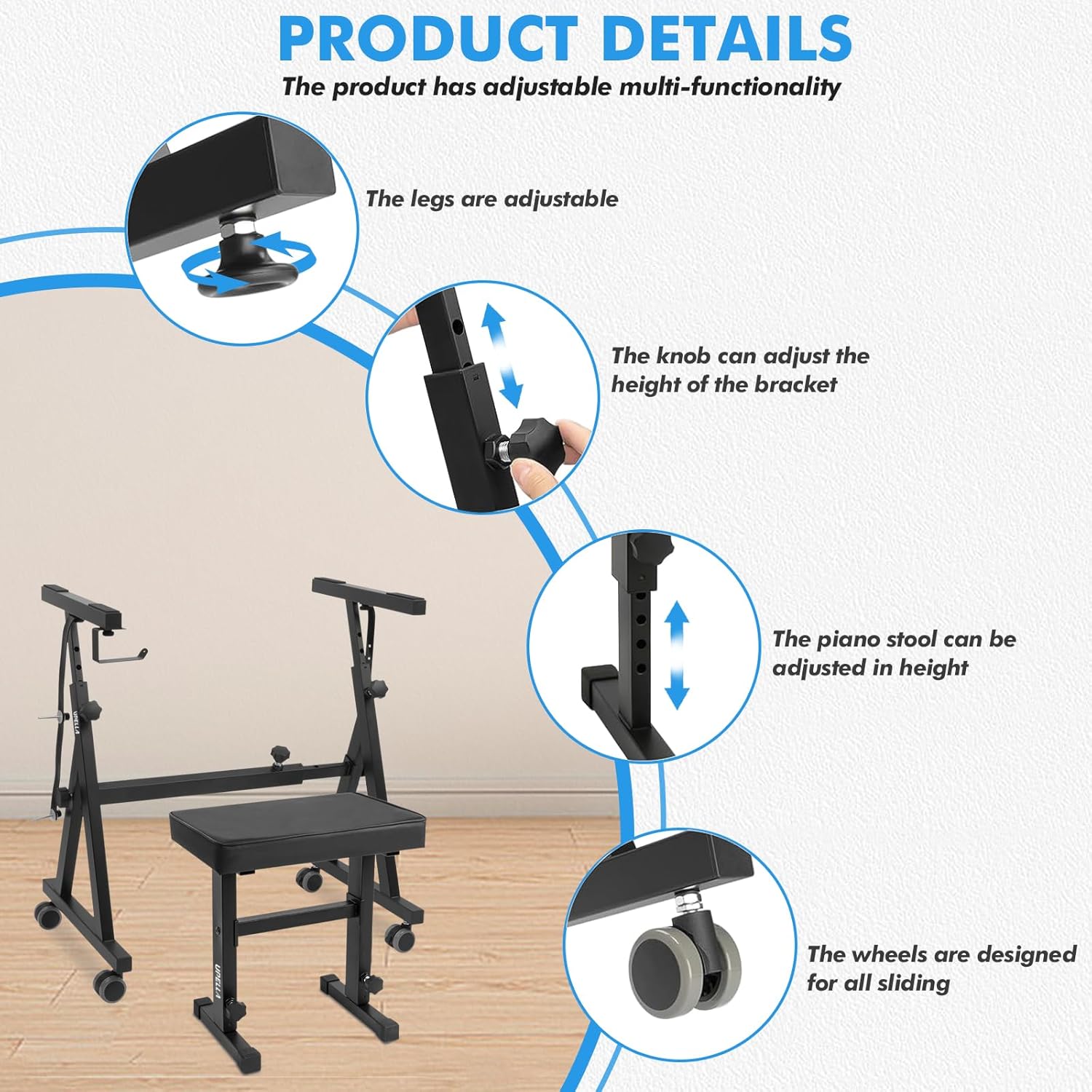 Keyboard Piano Stand, Heavy Duty with Wheels and Pads, Z Style Adjustable Portable Keyboard Stand, Fits 54, 61, 88 Key Electric Keyboards Digital Pianos (Piano Stand + Bench)