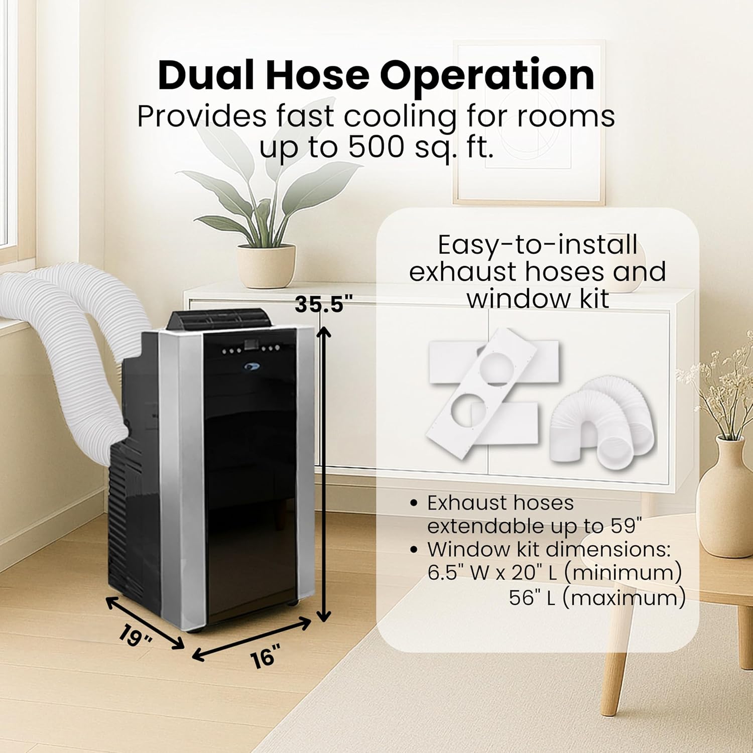 Whynter Portable Air Conditioner 14,000 BTU with Dual Hose Dehumidifier & Cooling Fan for 500 Sq Ft Rooms, Includes AC Unit Window Kit, ARC-14S (9,500 SACC)