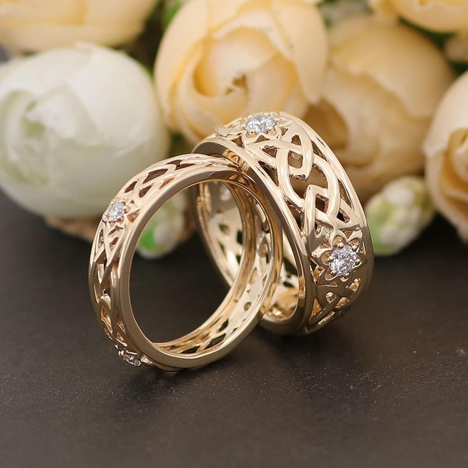 9K Yellow Gold Ring, Womens Engagement Ring Moissanite Vintage Hollow Couple Matching Gold Band for Valentine's Day