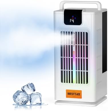 Desk Tower Fan Air Conditioner Misting Fan,120°Oscillating Air Conditioner,3 Level Humidify & 4 Speeds, 7 RGB Color Night Lights,Desk Portable Air Conditioners for Bedroom Home -F10 White