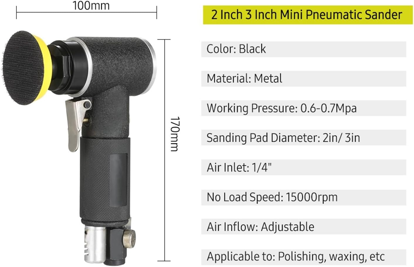 Air Sander 2 Inch 3 Pneumatic Handheld Polisher Waxer Polishing Machine For Auto Body Work Furniture Metal Surface for Woodworking(Eccentricity)