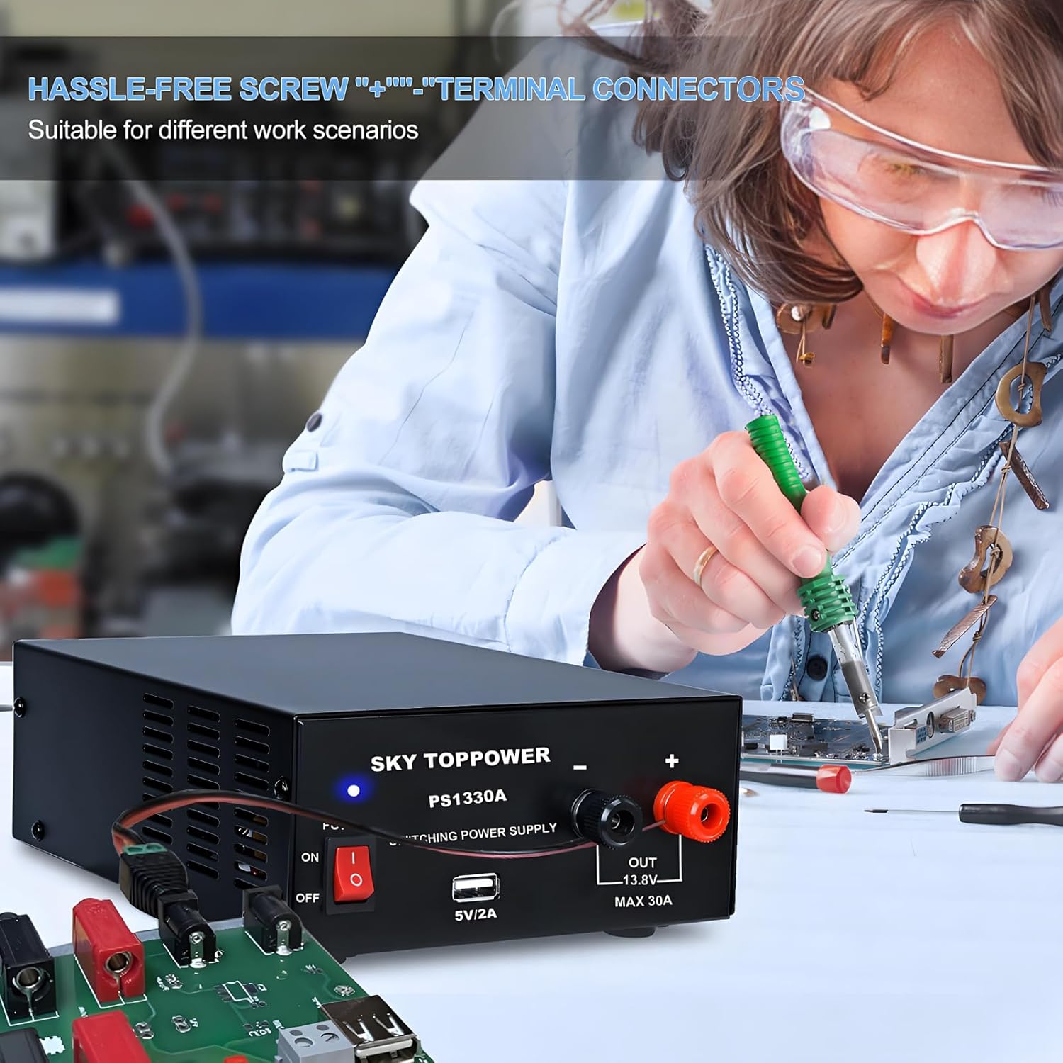 13.8V 30A DC Power Supply for Ham Radio,30 Amp Compact Regulated Bench Power Supply Lab Benchtop AC to DC Converter,Cooling Fan,5V 2A USB Interface,Powering Ham Radio, Amplifiers,SKY TOPPOWER PS1330A