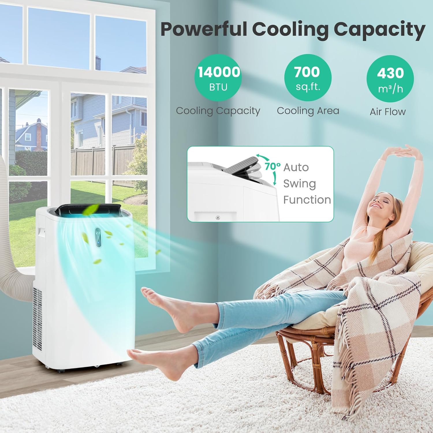 KOTEK WiFi Enabled Portable Air Conditioners with Heat, up to 700 Sq.Ft, Work with Alexa, 14000 BTU 4-in-1 AC Unit for Bedroom w/Window Kit, Room Air Conditioner Portable for Home Office (14000 BTU)