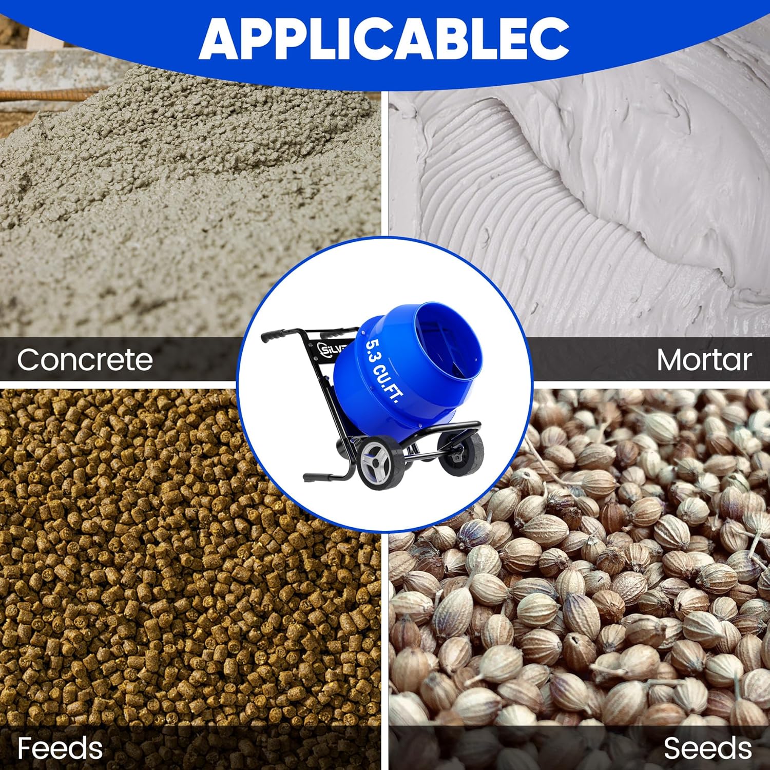 SILVEL Concrete Mixer 5.3 Cu.Ft. – 750W 1HP Cart-mounted Electric Cement Mixer, Heavy Duty Power Cement Mixing Machine for Mortar, Stucco and Fodder, Blue