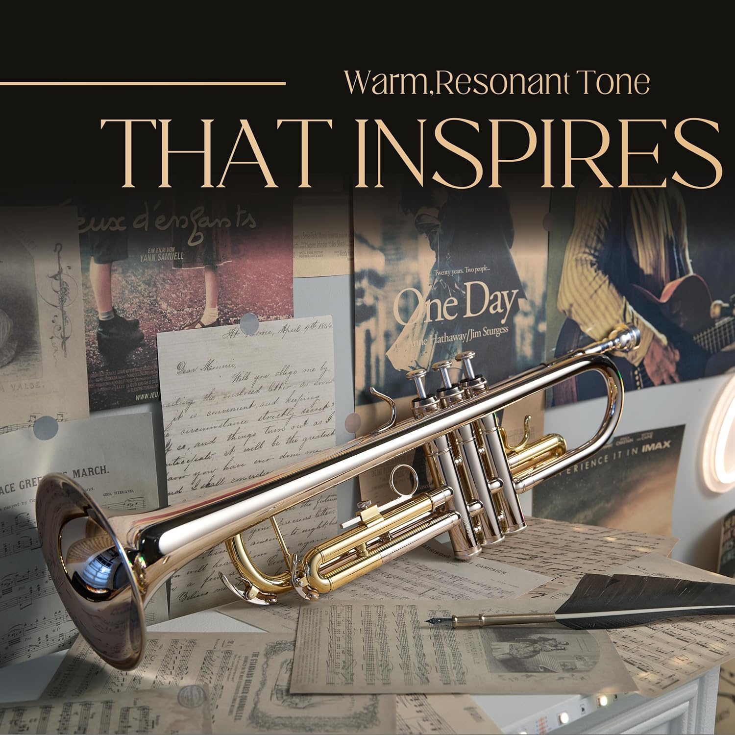 AKLOT Hand-Hammered Bell Bb Trumpet: Smooth Valve Action, Clear-Lacquered Brass Body, Standard Trumpet Beginner Set with Leather Case, Lesson Book, Trumpet Mute, Mouthpiece, Cleaning Kit (SNR-BrzAC)