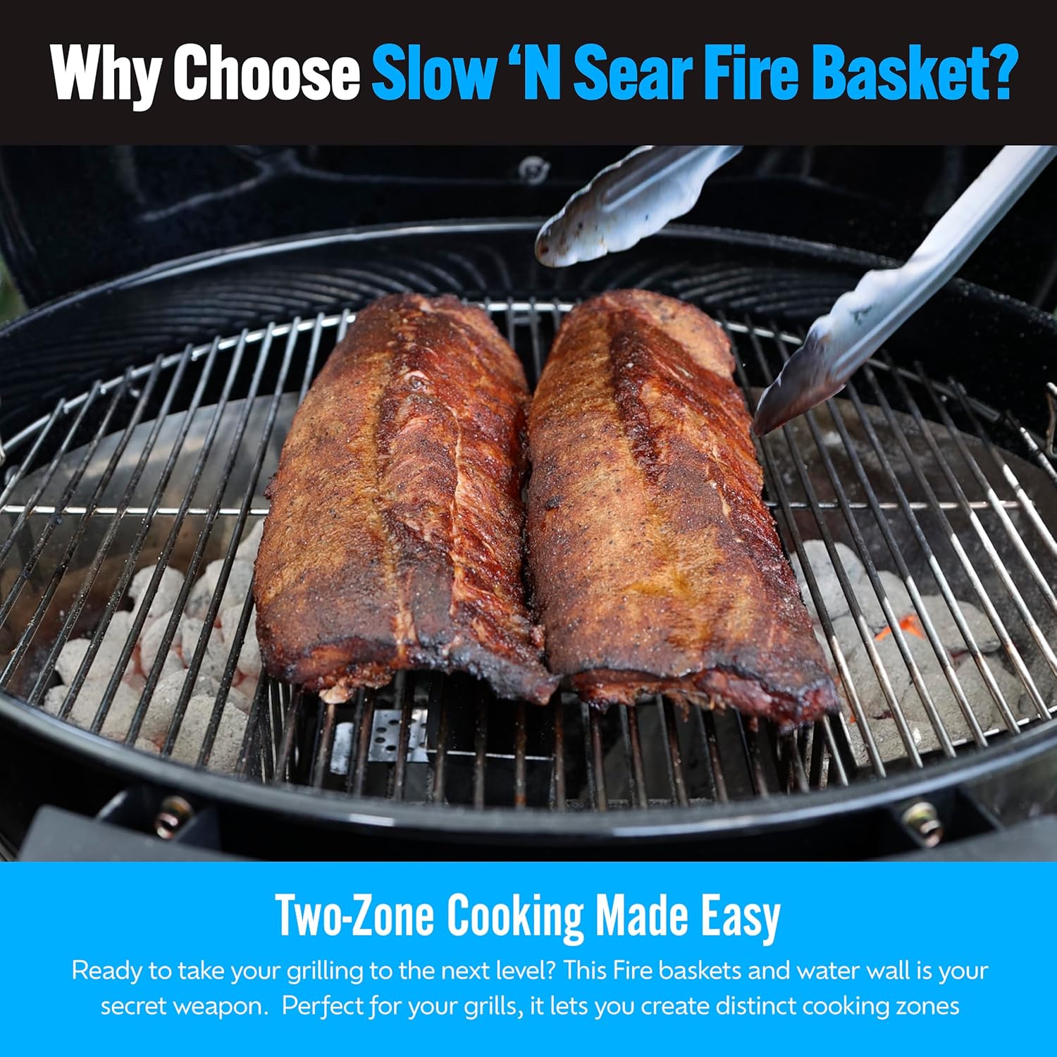 SnS Grills Slow ‘N Sear Charcoal Fire Baskets with Water Pan - Large Capacity Heavy Duty Stainless Steel Outdoor Grill Basket, Kettle Grill Accessory - Compatible with Weber and other Kettles