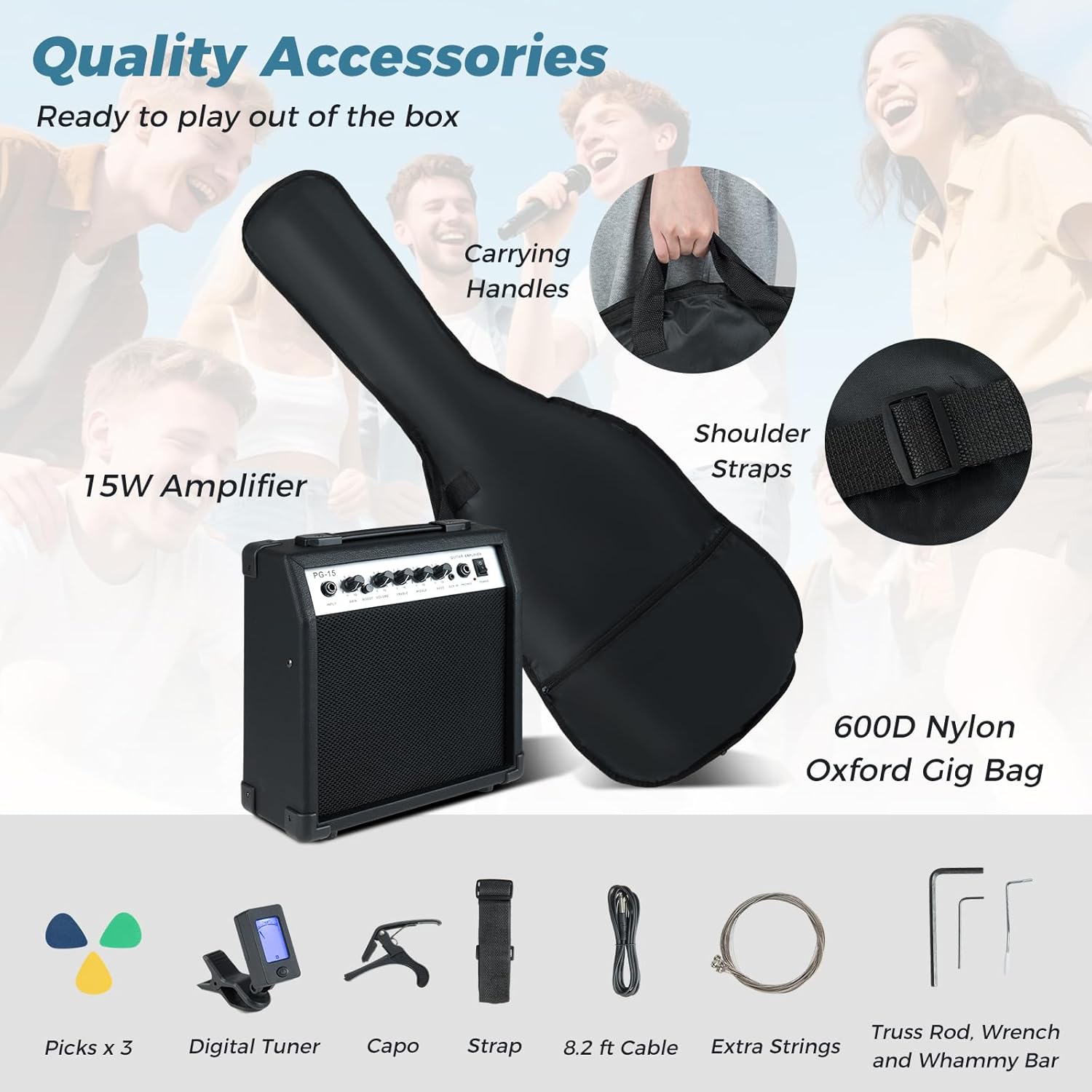 Costzon 6 String Electric Bass Guitar with AMP, 39” Full Size Beginner Bass Guitar Kit with SSS Pickups, Gig Bag, Strap, Digital Tuner, Capo, Picks & Cable for Starter (Black)