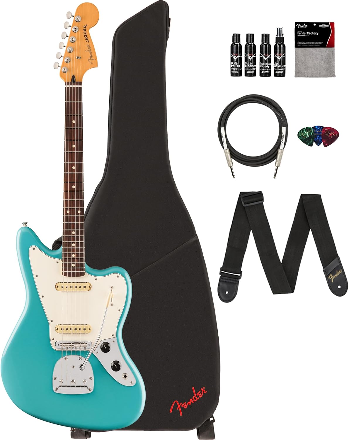Fender Player II Jaguar - Aquatone Blue Bundle with Gig Bag, Strap, Cable, 3-Pack Picks and Guitar Cleaning Kit