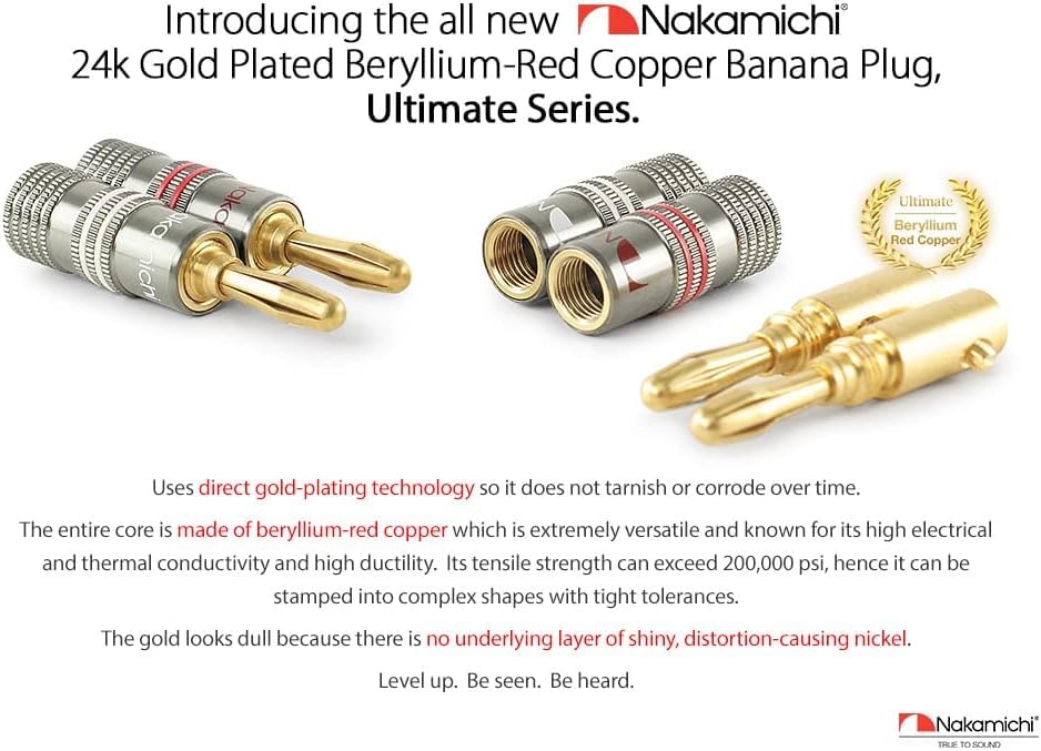 Nakamichi Ultimate Series 24K Gold Plated Beryllium Red Copper Banana Plug 12-18 AWG Gauge Size 4mm Connector for Speakers Wire Amplifiers Hi-Fi Sound Systems (36 Pcs (18-Pairs), Banana Plugs)
