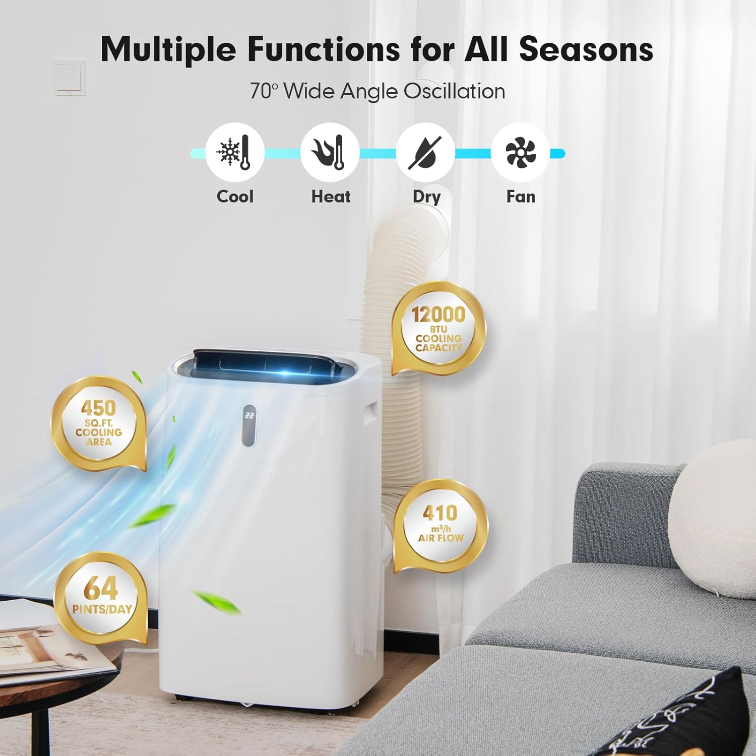 ARLIME 4-in-1 Portable Air Conditioner w/Remote Control, 12000 BTU AC Unit with Cool, Heat, Fan, Dry & Sleep Mode, 24H Timer, Smart Phone Control, Air Cooler w/Window Kit, Cools Up to 450 sq.ft