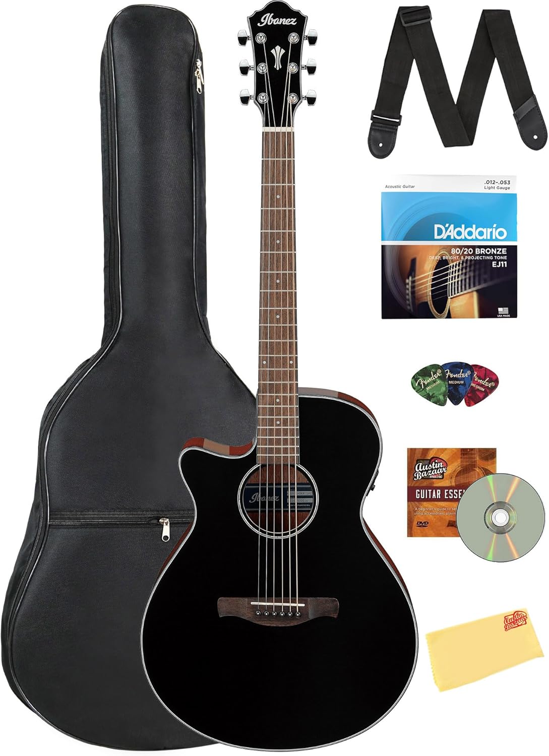 Ibanez AEG50L AEG Left-Handed Acoustic-Electric Guitar - Black High Gloss Bundle with Gig Bag, Strap, D'Addario Strings, Picks, Austin Bazaar Instructional DVD, and Polishing Cloth