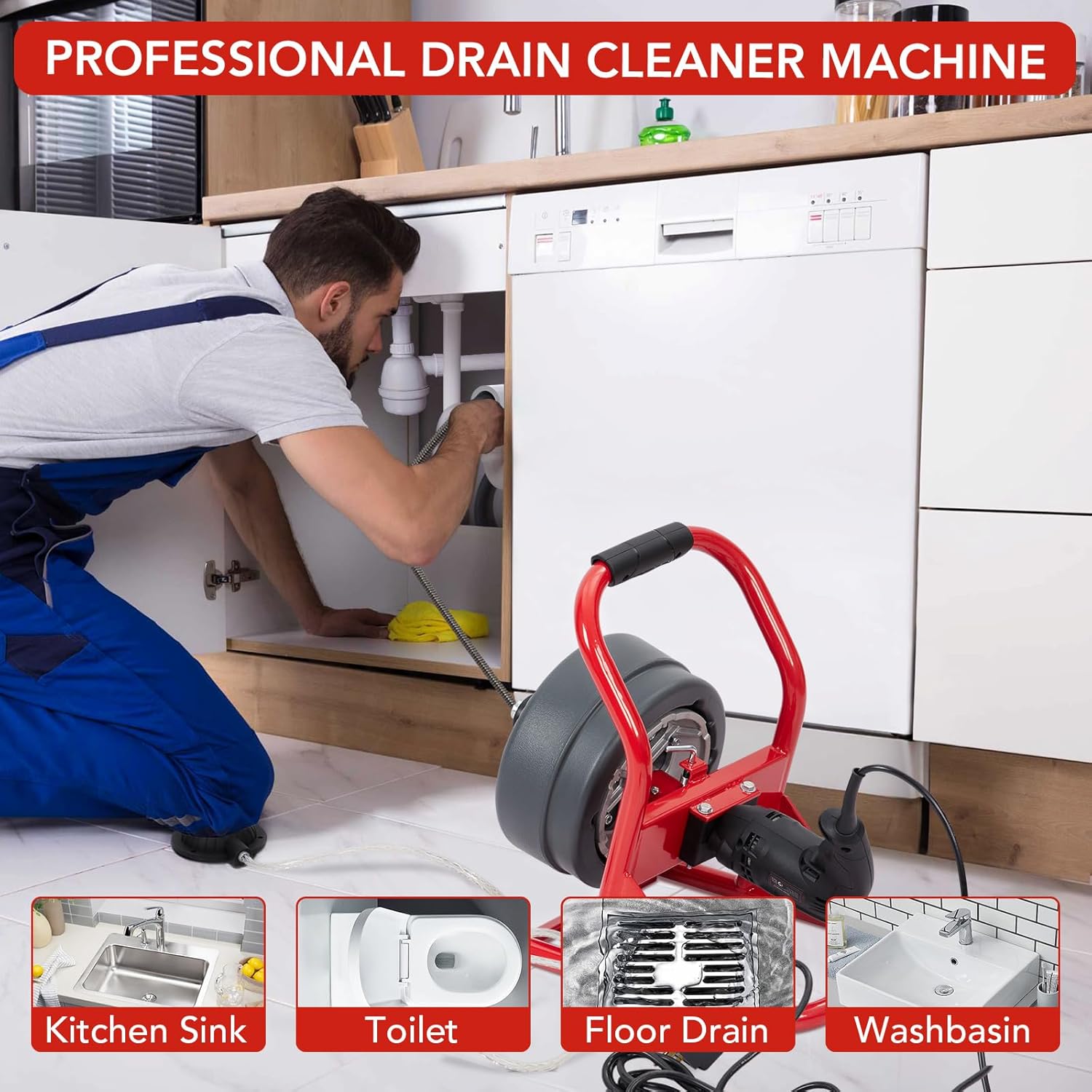 PIONEERWORKS 50Ft x 5/16 Inch Drain Cleaner Machine, Electric Drain Auger Professional for 3/4 to 3 Inch Pipes, Foot Switch with 6 Cutters, Glove, Drain Auger Cleaner Sewer Snake - DA04