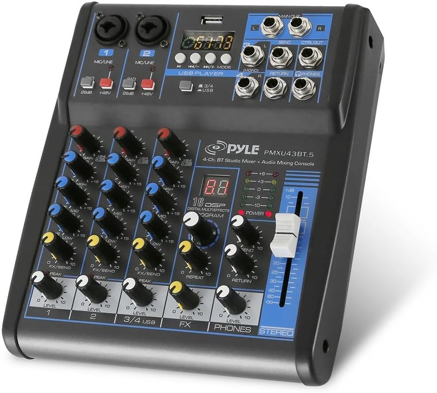 Pyle Professional Audio Mixer Sound Board Console System- Interface 4 Channel Digital USB Bluetooth MP3 Computer Input 48V Phantom Power Stereo DJ Studio Streaming FX 16-Bit DSP Processor- PMXU43BT.5