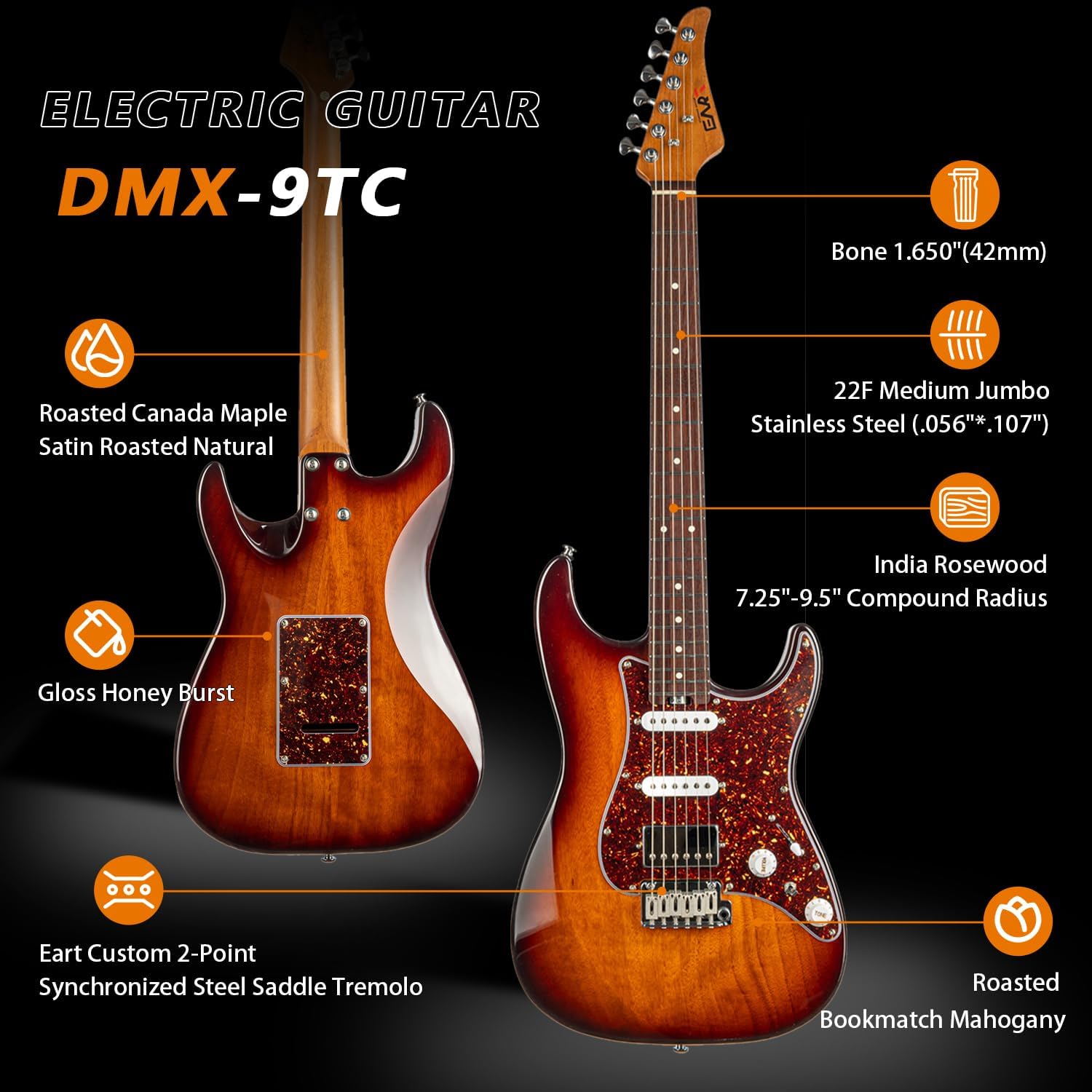 EART 6 String Electric Guitars DMX-9TC Red Tortoise Pickguard Solid Body Roasted Mahogany Body and Alnico v Pickups Versatile Tones Stunning Finishes