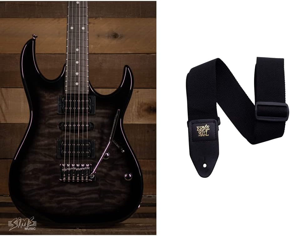 Ibanez 6 String Solid-Body Electric Guitar, Right, Transparent Black Sunburst (GRX70QATKS) & Ernie Ball Polypro Guitar Strap, Black (P04037)