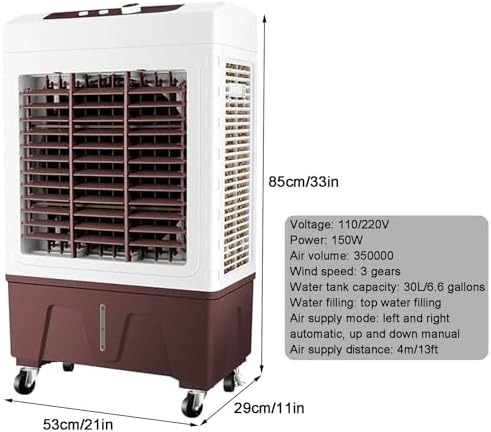 Evaporative Cooler, Knobs Air Cooler, Portable Air Conditioner with 30L/6.6Gal Water Tank, 3 Speeds and 2 Ice Packs for Outdoor Commercial Factory