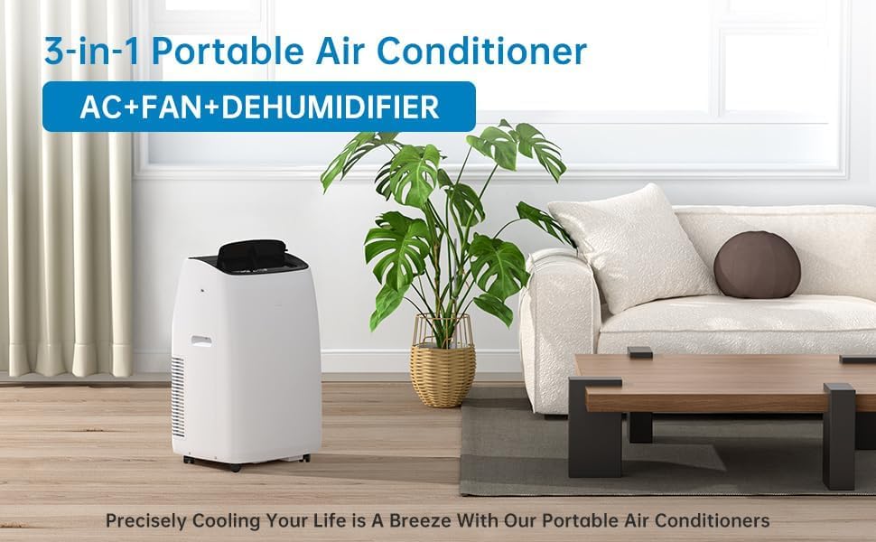 14,000 BTU Portable Air Conditioner - 3-In-1 Cooling, Fan & Dehumidifier for Rooms Up to 750 Sq.Ft | Ultra-Quiet Sleep Mode & 24H Timer | Includes Remote Control & Window Kit