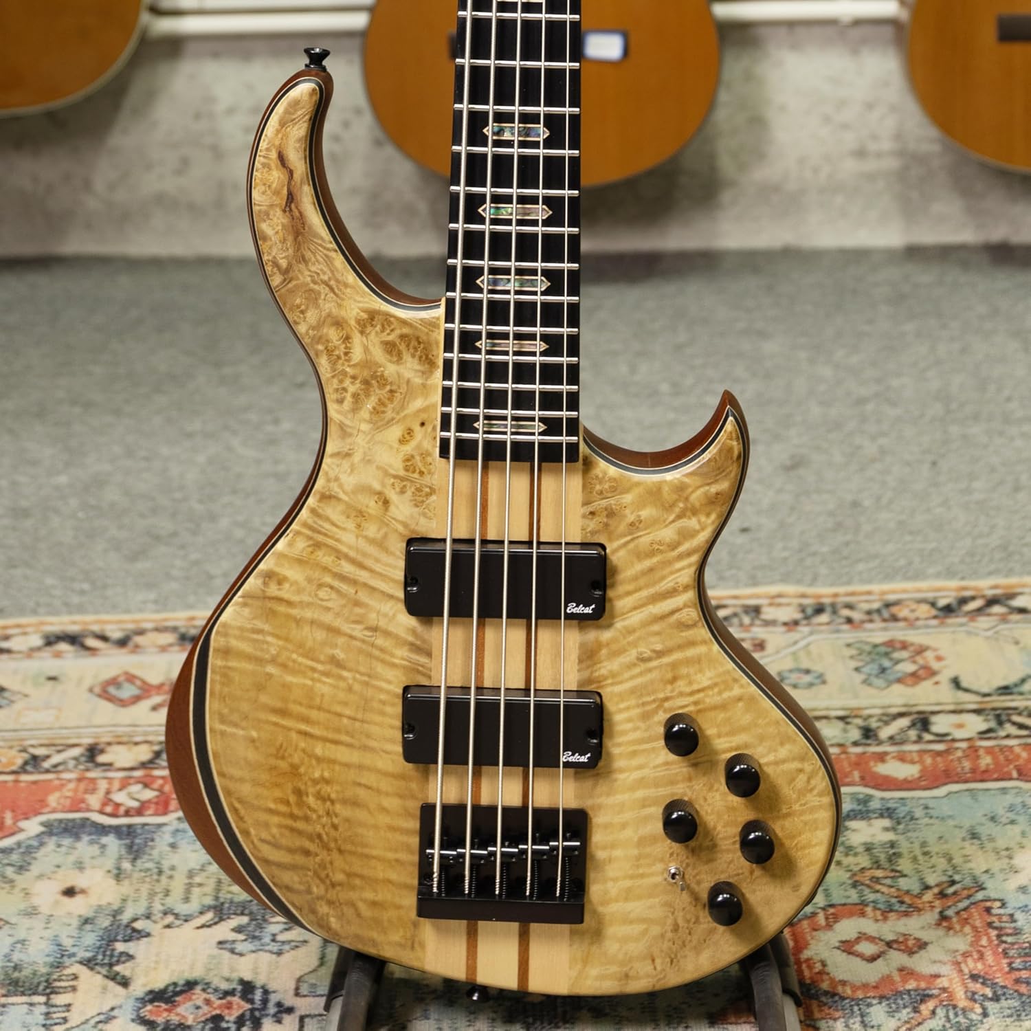 TARIO 5 String Electric Bass Guitar Burl poplar top Millettia Laurentii Okoume body Maple Fretboard