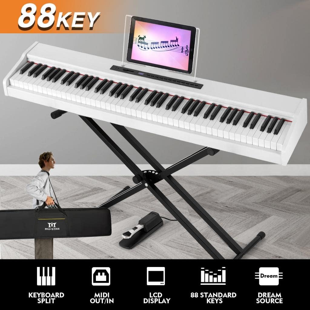 MUSTAR Piano Keyboard 88 Key Weighted Keyboard, Digital Keys Semi Weighted with Stand, Full Size Electric Bluetooth Connection, Portable Case, Sustain Pedal, MDF, White Touch-response Key