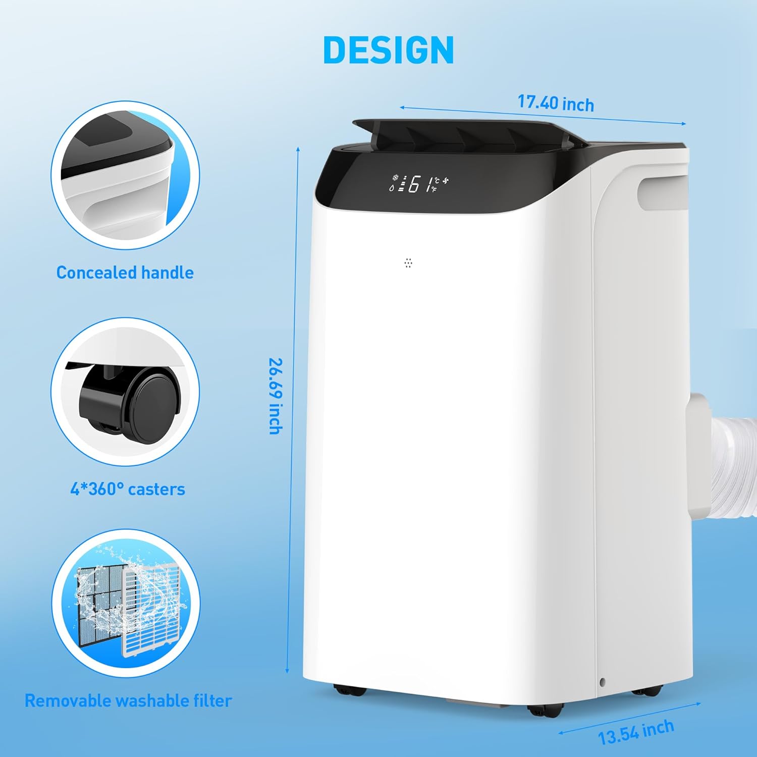 14,000 BTU Portable Air Conditioner Cools Up to 700 Sq.Ft, 3-IN-1 Energy Efficient Portable AC Unit with Remote Control & Installation Kits for Large Room, Campervan, Office, Temporary Space