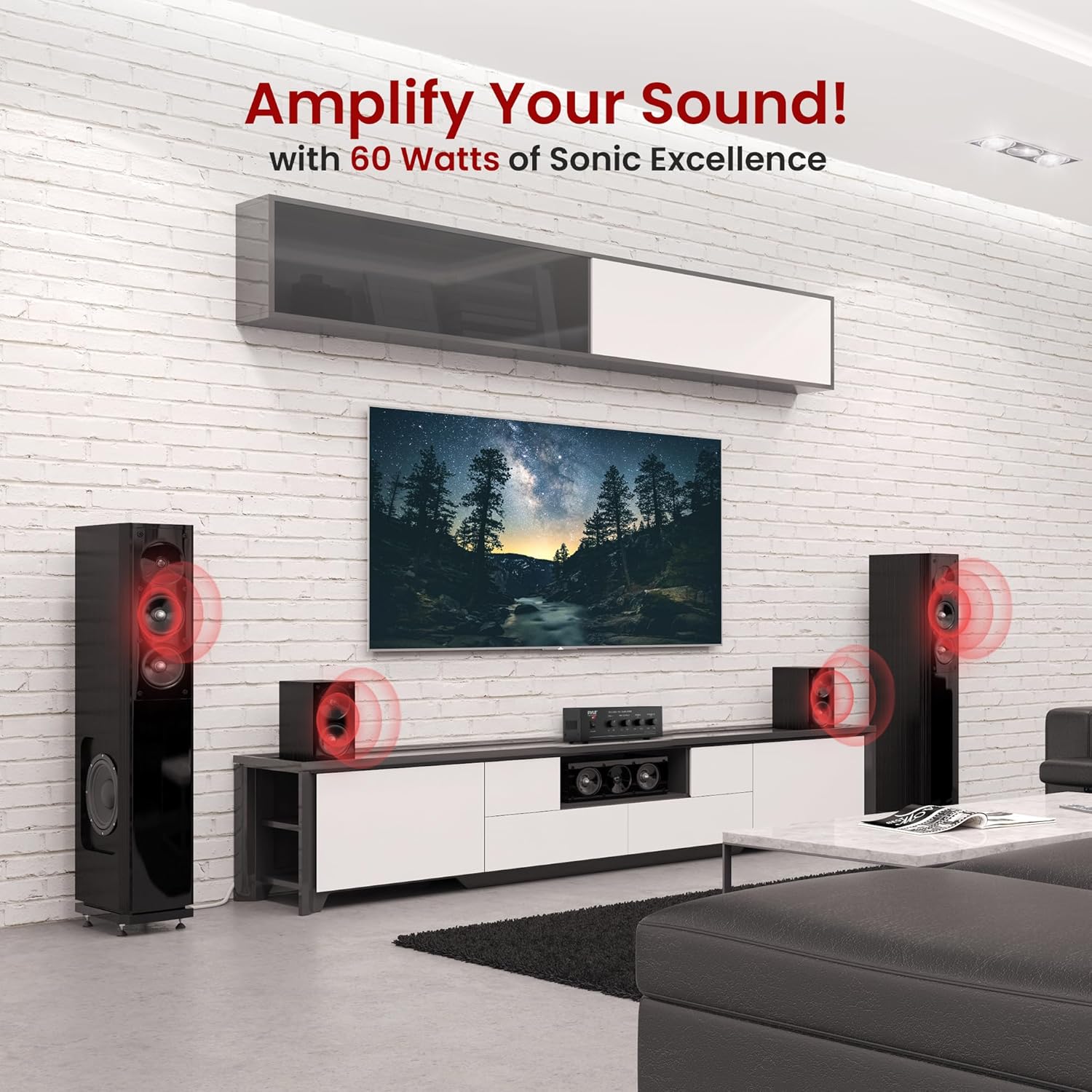 Pyle Compact Mini Home Power Amplifier - 60W Public Address System w/ RCA, 2 Microphone IN, 25/70 Volt Outputs, LED, Input Selector, Mic Talkover, Telephony, Music On Hold - PCM30A