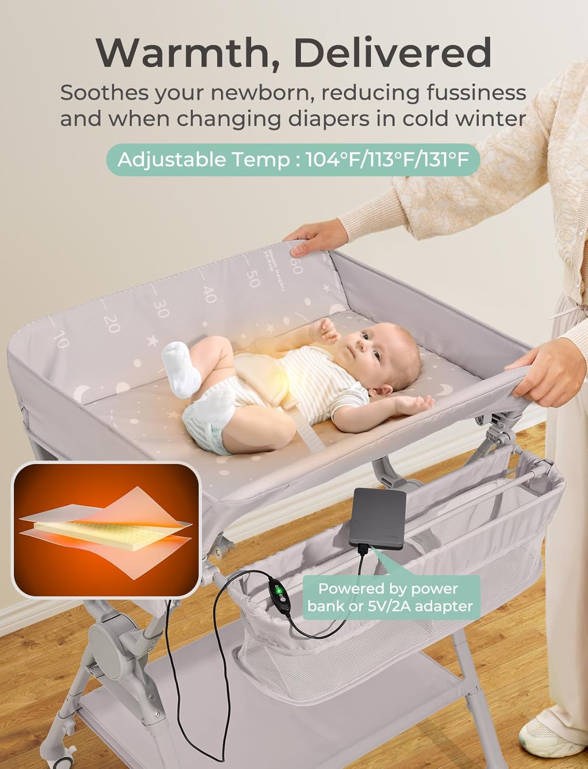 Baby Changing Table, Auto Warmer Portable Folding Changing Table with Wheels, Waterproof Diaper Changing Station with 2 Drawers, Adjustable Height, Baby Changing Station for Infant, Newborn