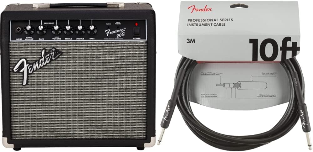 Fender Frontman 20G Guitar Amplifier & Professional Series Instrument Cable, Straight/Straight, Black, 10ft