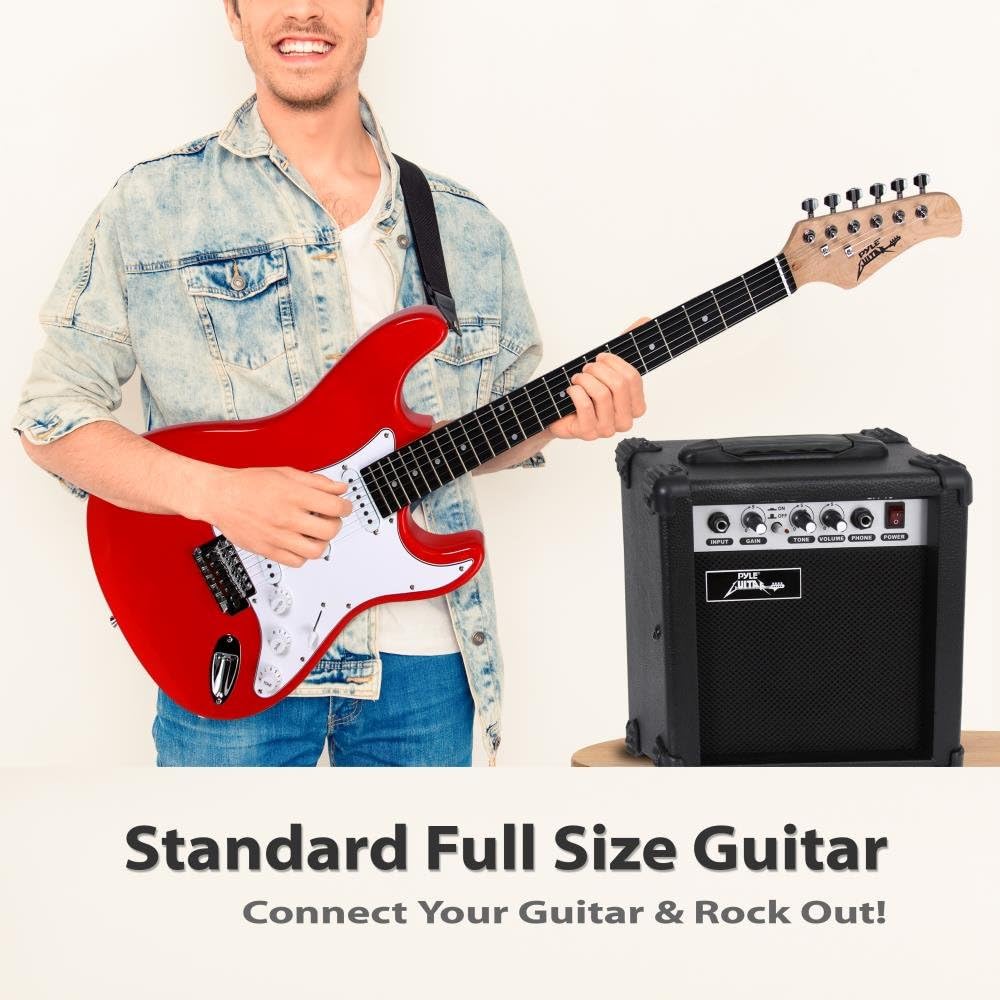 PylePro Full Size Electric Guitar Package w/ Amp, Guitar Bundle, Case & Accessories, Electric Guitar Bundle, Beginner Starter Package, Strap, Tuner, Pick, Ready to Use Out of the Box, Red (PEGKT15R)