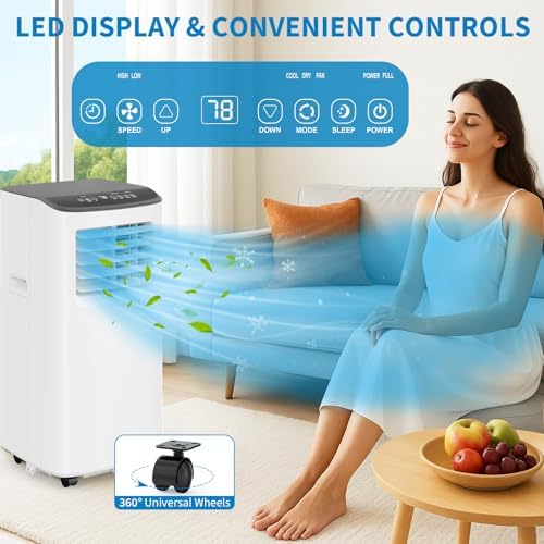 Compact 8000 BTU Portable Air Conditioner – Cools Spaces Up to 350 Square Feet, 3-in-1 Unit with Dehumidifier and Fan for Bedroom or Larger Room | Window Vent Kit Included