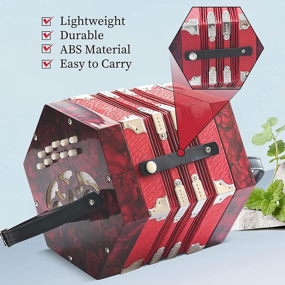 Professional Accordion Concertina With 20 Buttons, With Carrying Bag And Adjustable Hand Strap, For Daily Practice Stage Performance(Red)