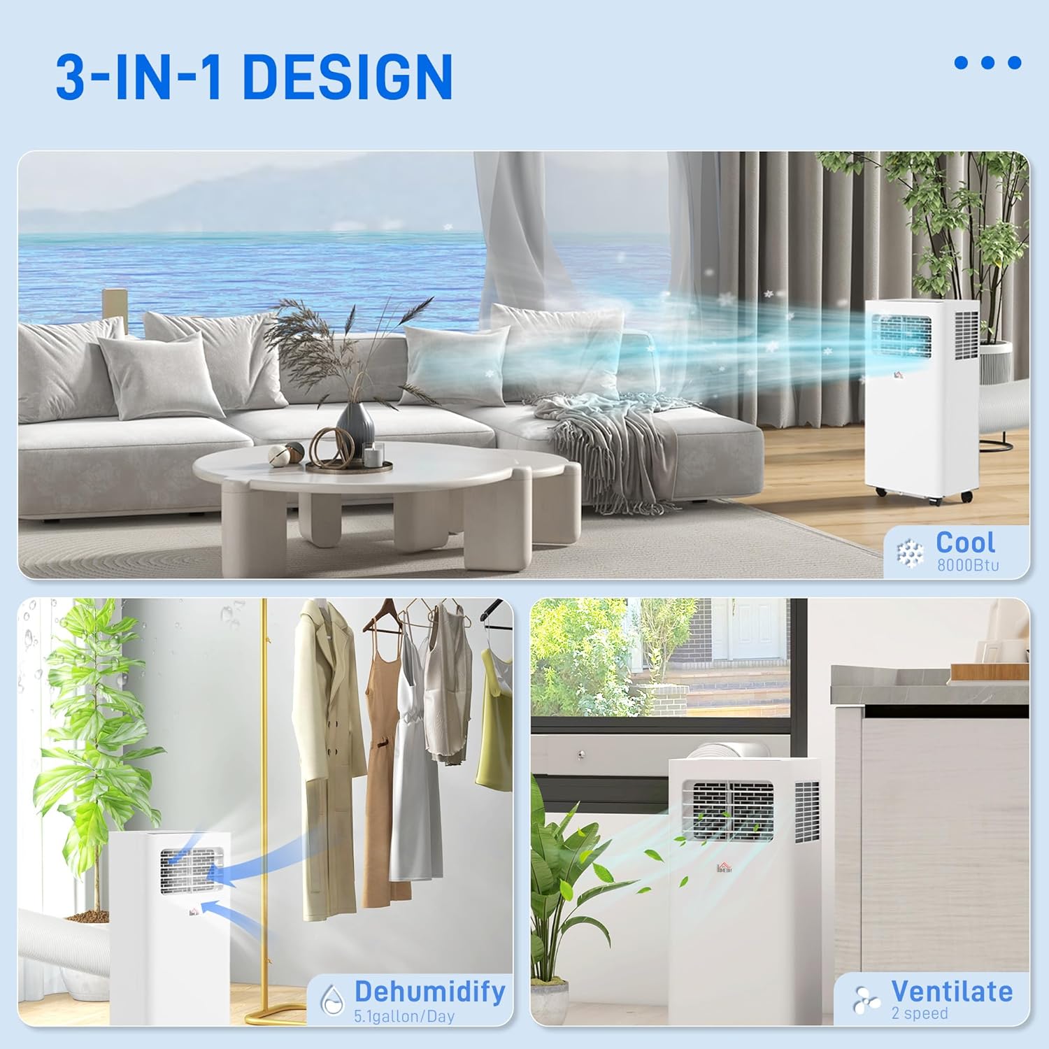 HOMCOM 8000 BTU Portable Air Conditioner for Rooms Up to 345 Sq. Ft., 3-in-1 AC Unit with Dehumidifier, Cooling Fan, Sleep, Remote, 24H Timer On/Off, Window Installation Kit, White