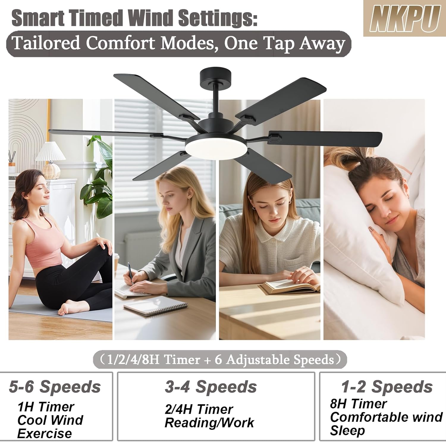 60 Inch Ceiling Fans with Lights, Large Modern Black Ceiling Fan with Light and Remote Control, 6 Double Sided Blades, 6 Speed Reversible Motor, Dimmable LED, Silent Timing, Indoor Outdoor Patio Use