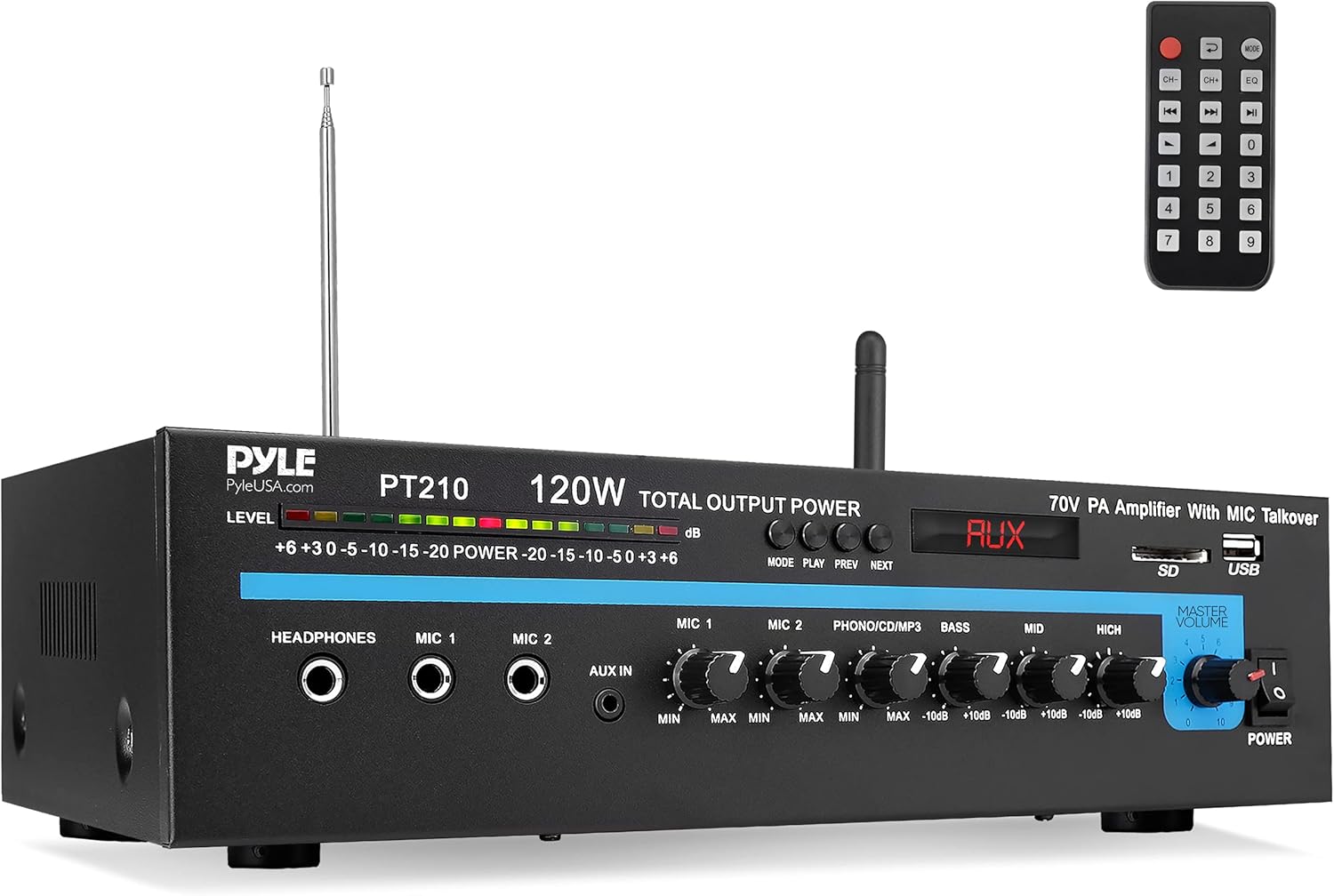 Pyle Public Address Mono Amplifier with Bluetooth - 120 Watt PA Amp with 70v Output, Dual Mic Inputs - Independent Vol Ctrl Per Channel - 3 Band EQ - For Home, Commercial, Restaurant, School - PT210