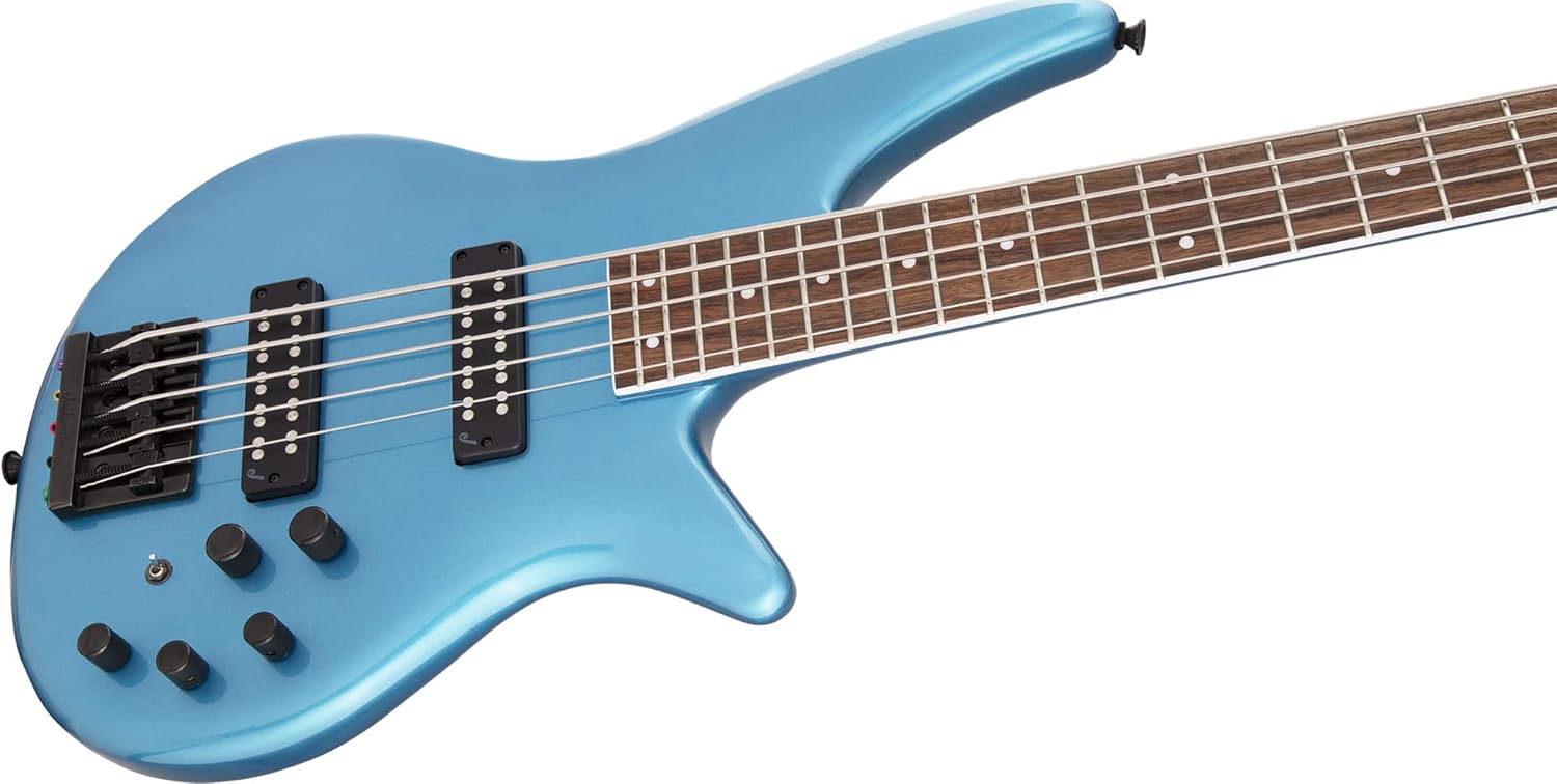 Jackson Spectra Bass SBX V Bass Guitar - Electric Blue Bundle with Cable, Guitar Strap, Tuner, Picks, and Austin Bazaar Instructional DVD